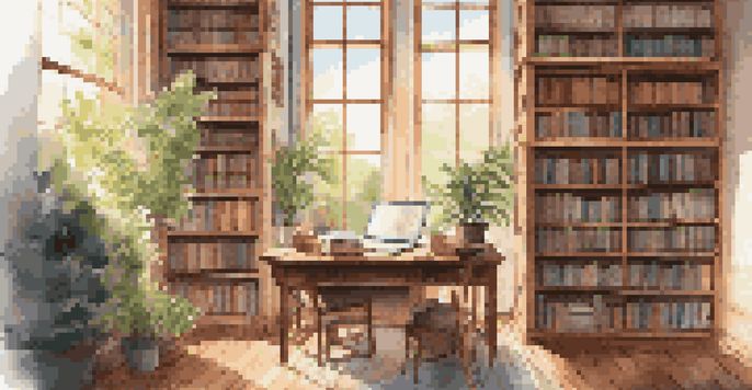 A cozy study room with bookshelves, a wooden desk with a laptop and coffee, and sunlight filtering through a window.