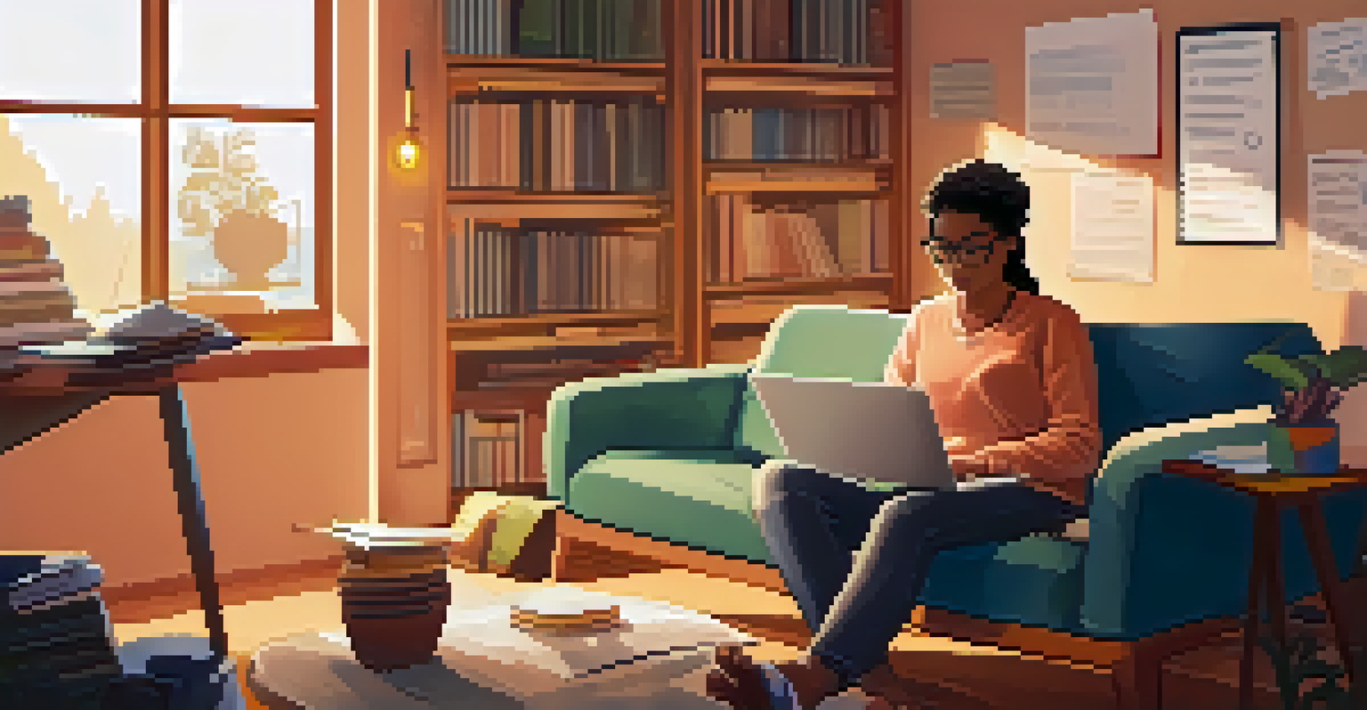 A person at home using a laptop for personalized learning, surrounded by books and notes.