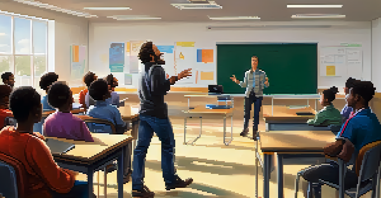 An enthusiastic instructor telling a funny story to a captivated audience of adult learners in a modern classroom.