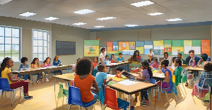 A diverse group of parents engaged in a workshop in a classroom, with educational materials around and a teacher presenting.
