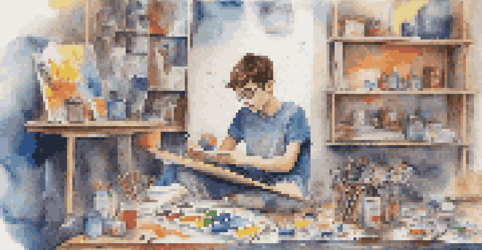 A young artist surrounded by art supplies, expressing emotions through painting and writing in a colorful setting.