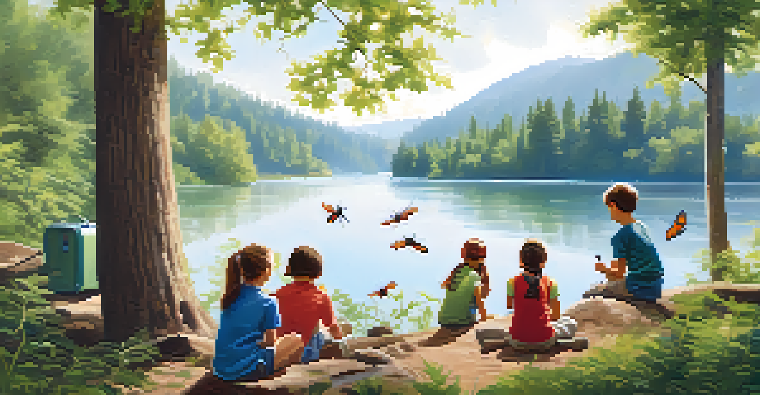 Children exploring nature at an outdoor environmental education camp, with trees and a lake in the background.
