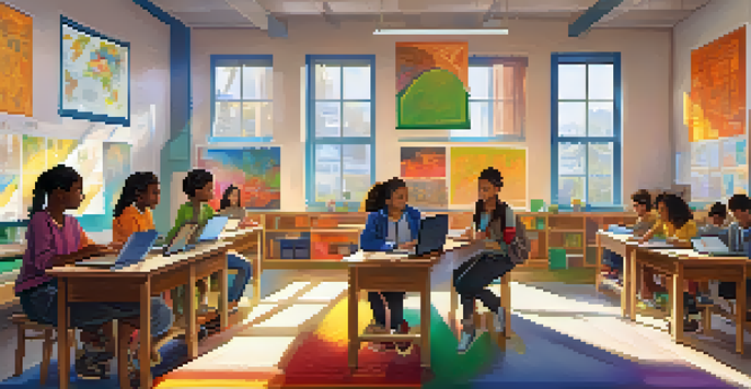 A classroom filled with diverse students working together on laptops and tablets, surrounded by colorful cultural posters and sunlight coming through the windows.