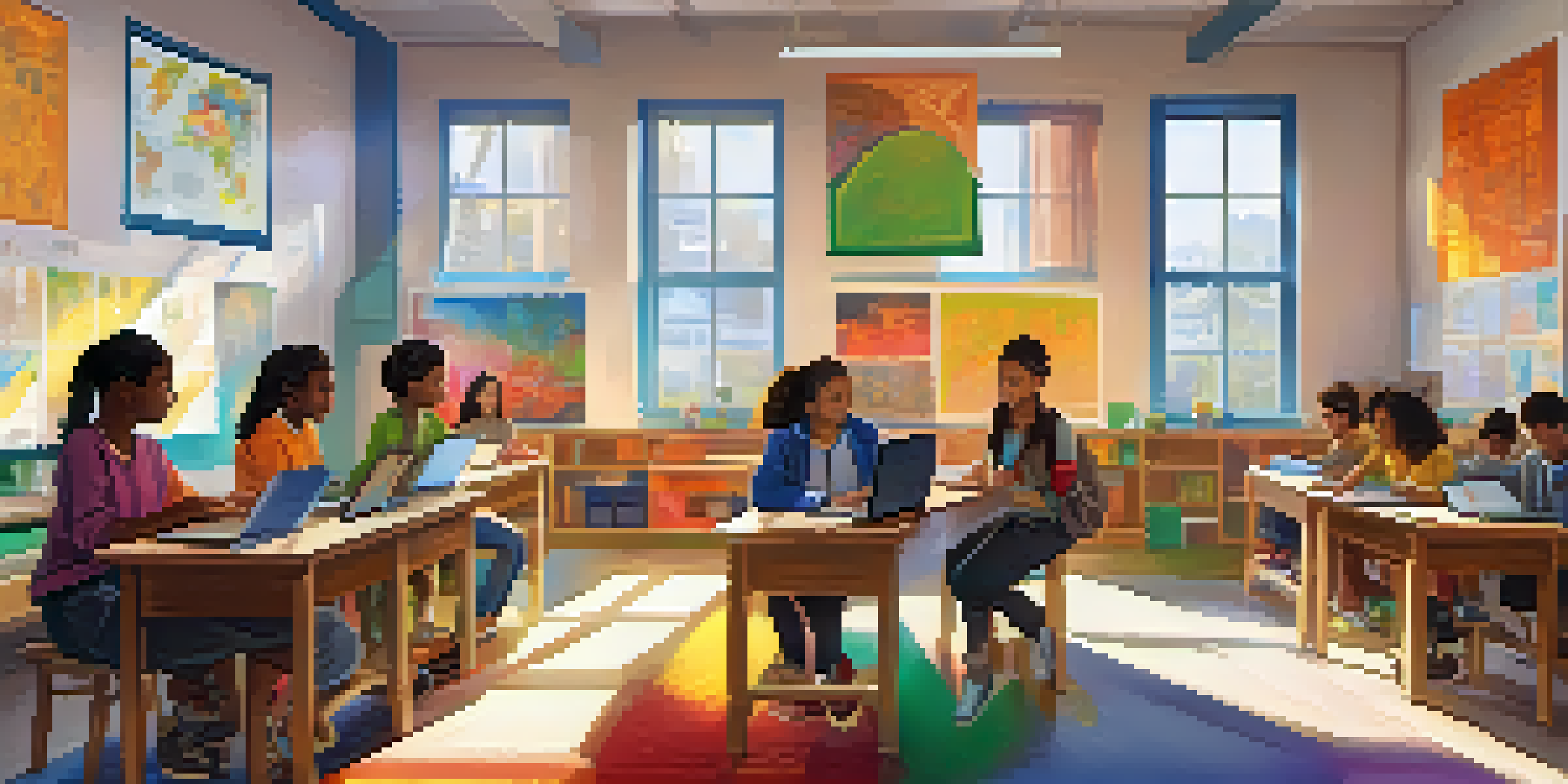 A classroom filled with diverse students working together on laptops and tablets, surrounded by colorful cultural posters and sunlight coming through the windows.