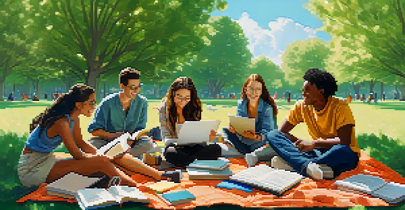 Students of various backgrounds collaborating on a project in a park, sitting on a blanket with books and laptops, under a clear blue sky.