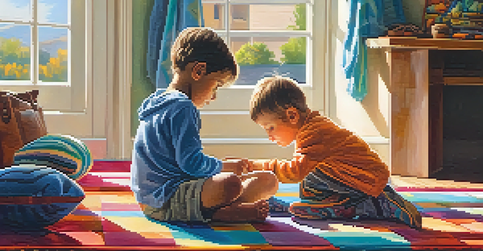 A young child observing their older sibling as they tie their shoes on a colorful rug, with sunlight illuminating the room.