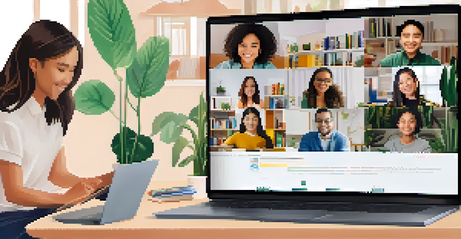 A laptop screen showing an online learning session with students participating in a live discussion, set in a cozy home study area.