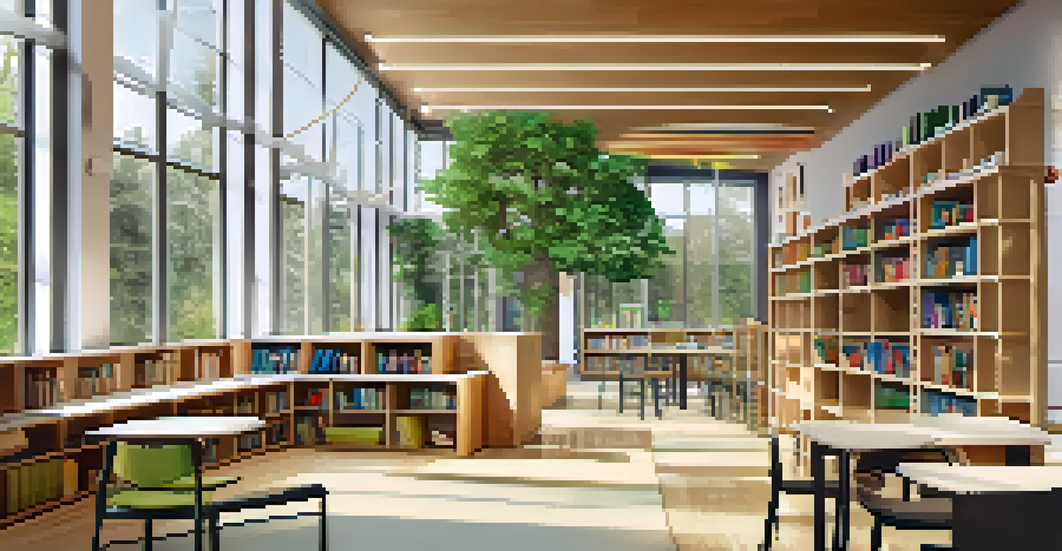 A library with reading areas and a bulletin board, promoting a culture of learning about sustainability.