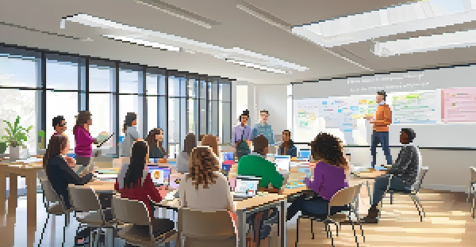 A bright classroom with diverse educators collaborating during a workshop, surrounded by laptops and learning resources.