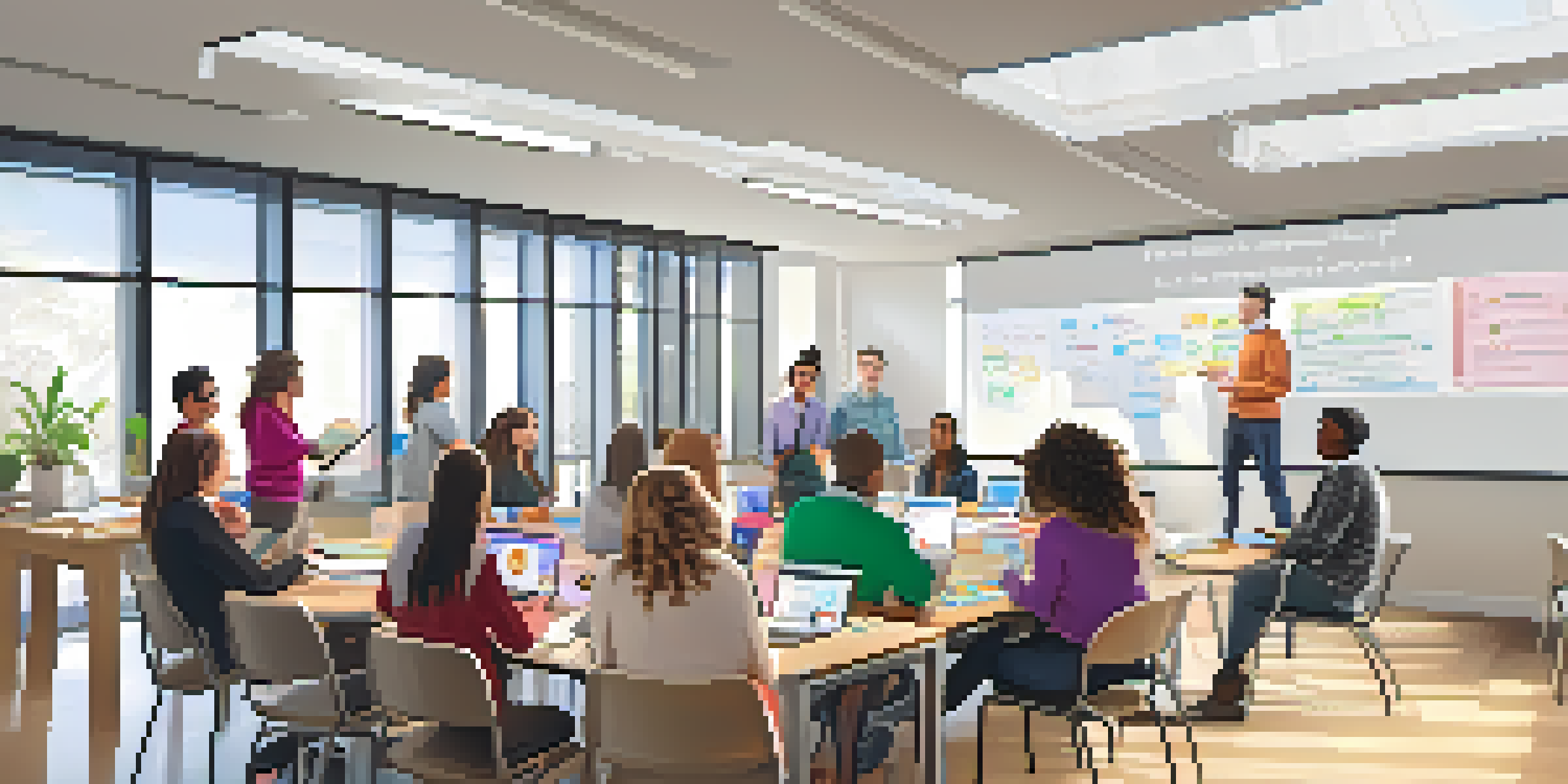 A bright classroom with diverse educators collaborating during a workshop, surrounded by laptops and learning resources.