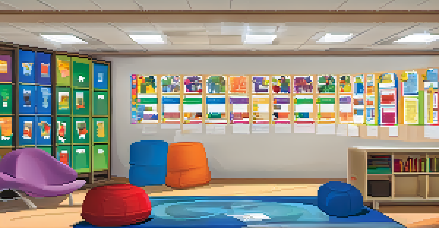 A classroom corner featuring a colorful sticker chart tracking student achievements, with cozy seating and a bookshelf in the background.