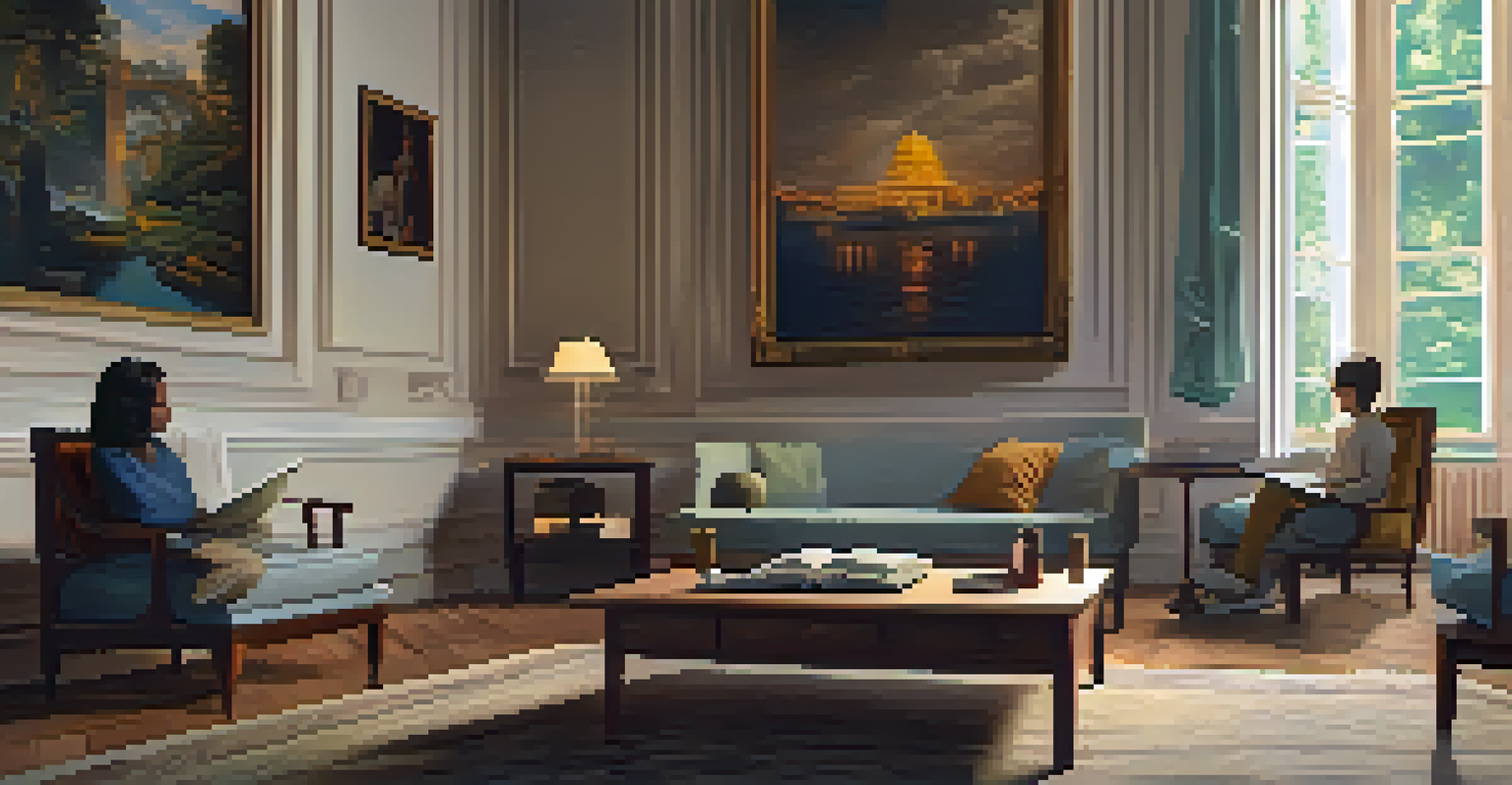 A student in a living room attending a virtual history lecture, interacting with AR visuals of historic events and landmarks in a cozy setting.