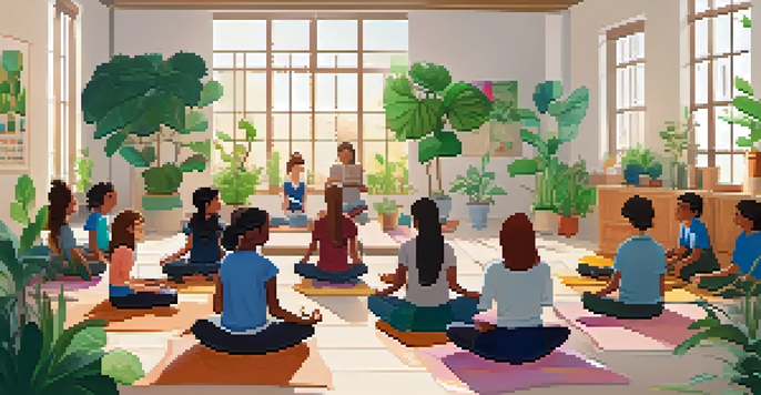 A peaceful classroom setting where students are participating in a mindfulness workshop, surrounded by plants and calming decorations.