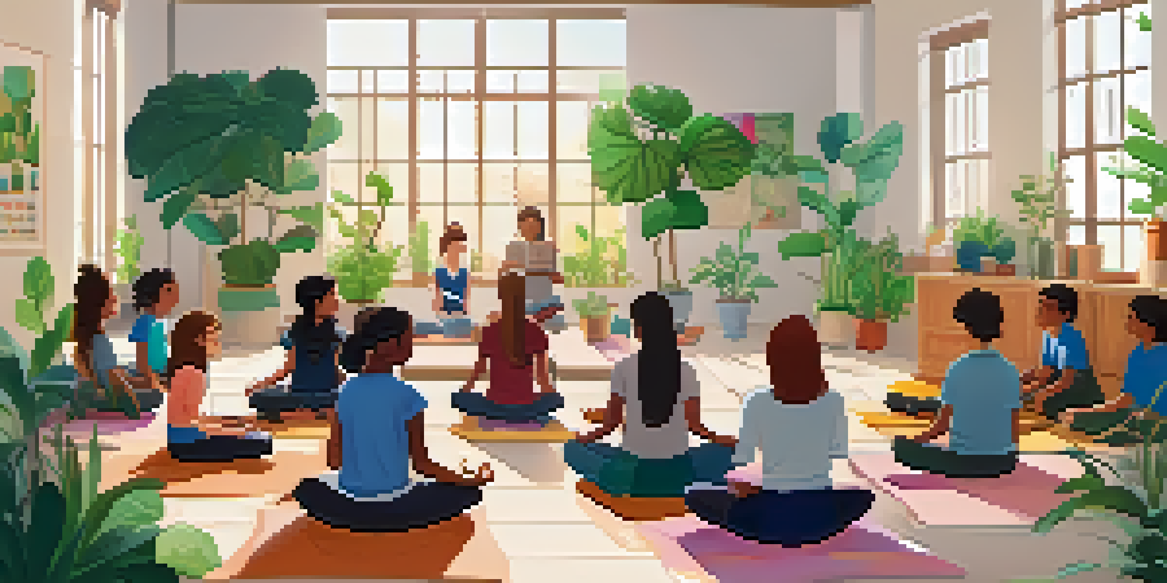 A peaceful classroom setting where students are participating in a mindfulness workshop, surrounded by plants and calming decorations.