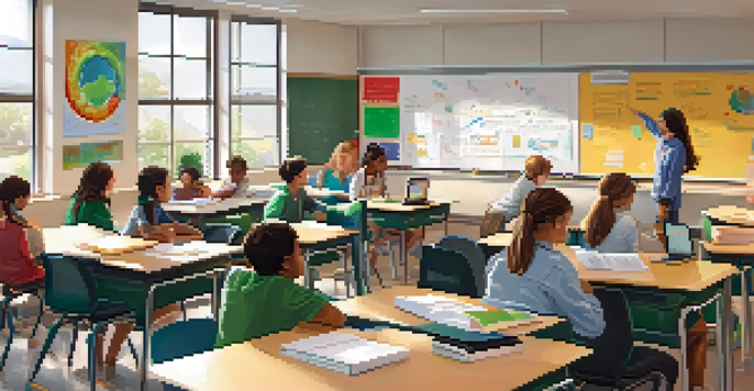 A bright classroom with students participating in blended learning, some using laptops and others engaging with the teacher.
