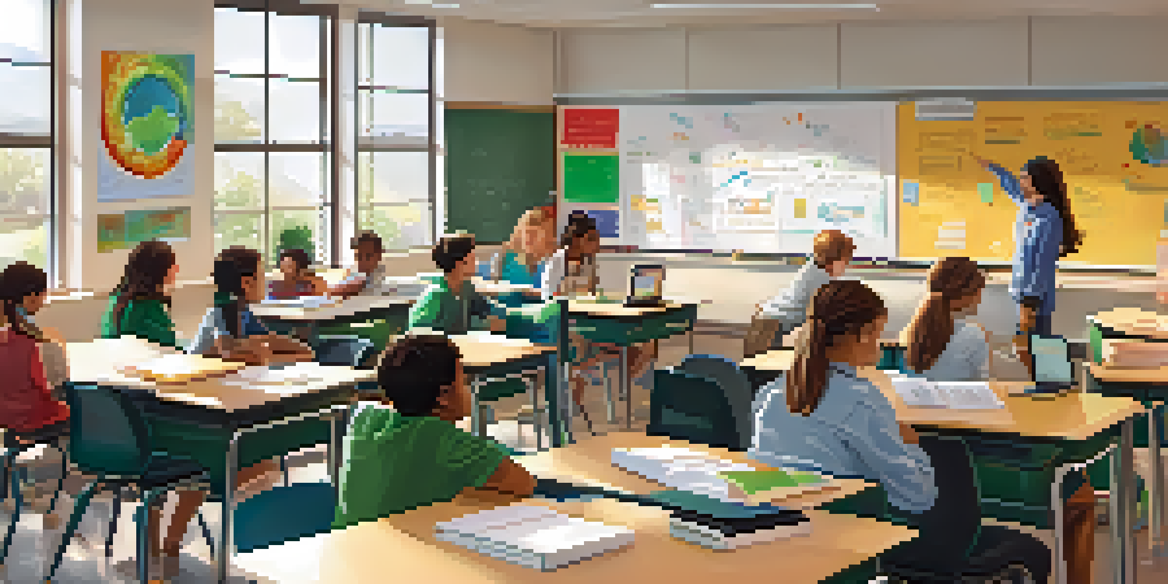 A bright classroom with students participating in blended learning, some using laptops and others engaging with the teacher.