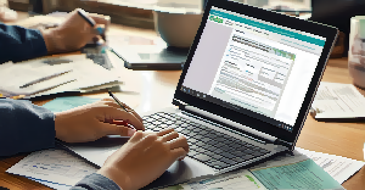 Close-up of hands typing on a laptop to fill out the FAFSA form, surrounded by financial documents in a well-lit workspace.