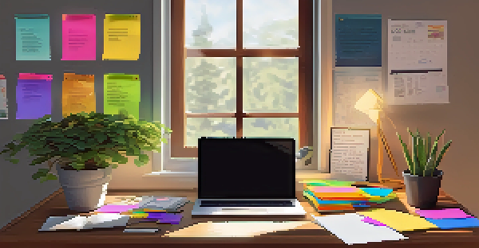 A cozy workspace with a wooden desk, an open laptop, colorful sticky notes, and a potted plant, illuminated by natural light from a window.