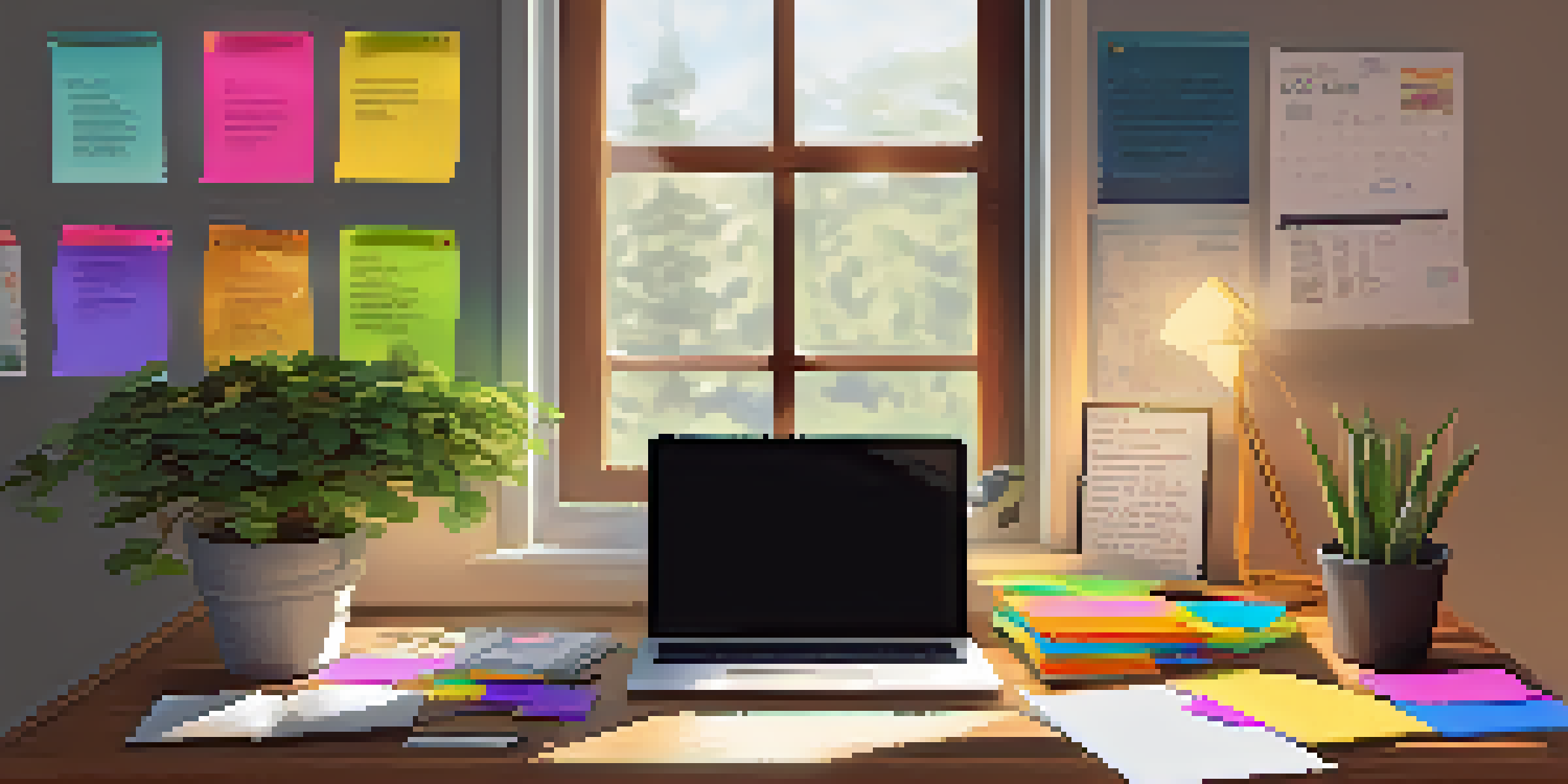 A cozy workspace with a wooden desk, an open laptop, colorful sticky notes, and a potted plant, illuminated by natural light from a window.
