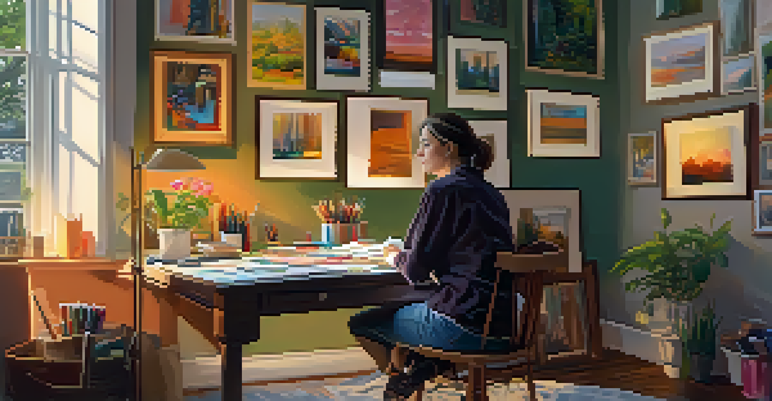 An artist in a cozy studio reflecting on their completed painting, surrounded by art supplies and illuminated by warm desk lamp light.