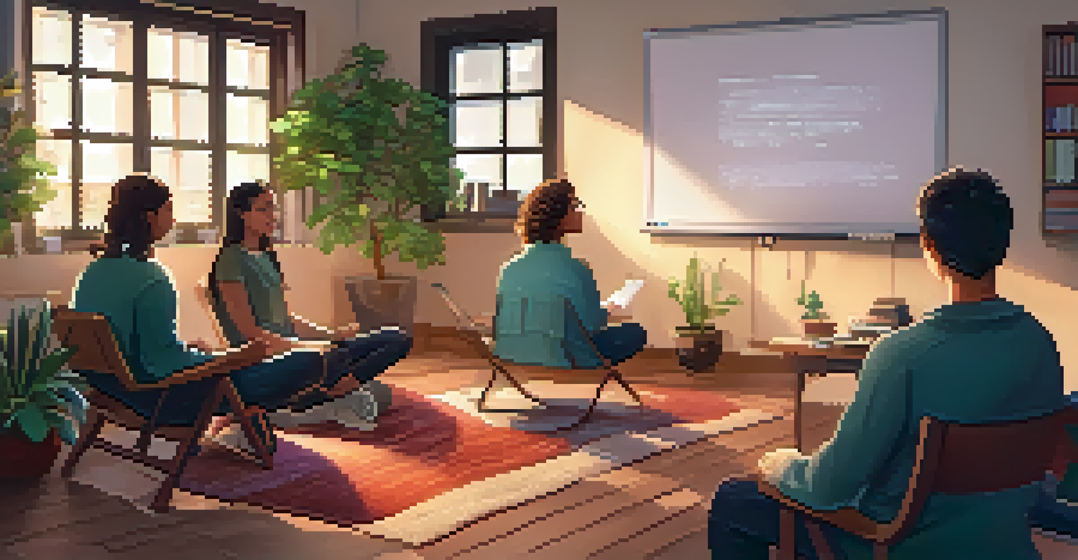 A mentor teaching mindfulness techniques to a group of attentive students in a warmly lit study space filled with cushions and plants.