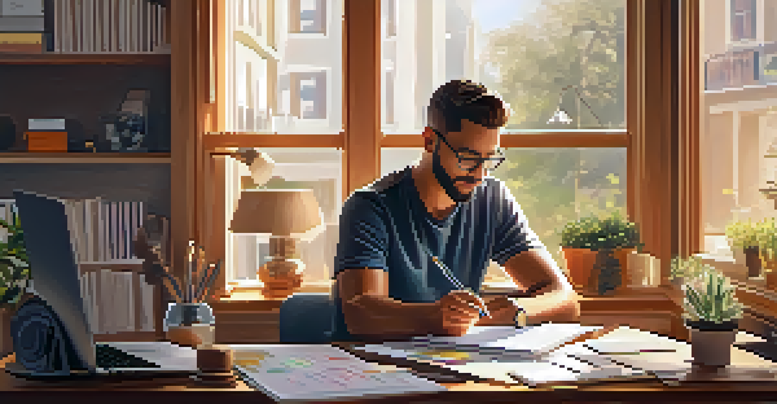 A person working at a home office desk with financial planning tools, illuminated by warm sunlight.