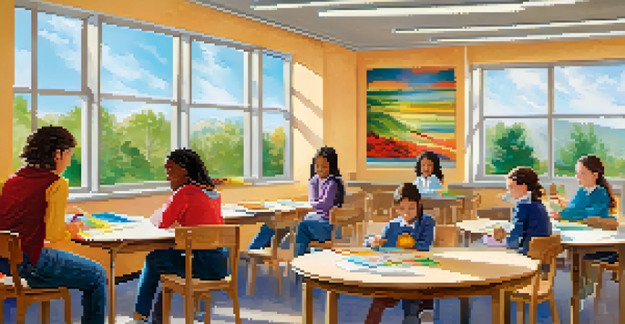 A vibrant classroom where students participate in a group activity, with a teacher listening attentively.
