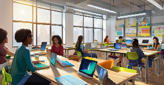 A diverse group of students collaborating in a modern classroom with laptops and a teacher facilitating the discussion, illuminated by natural light.