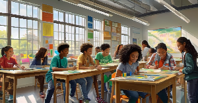 A diverse group of students collaborating on a STEM project in a bright classroom, showcasing teamwork and engagement.