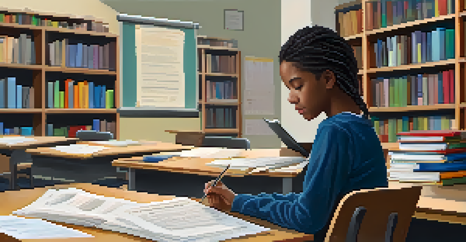 A student evaluating their own project using a rubric, surrounded by educational materials in a cozy study space.