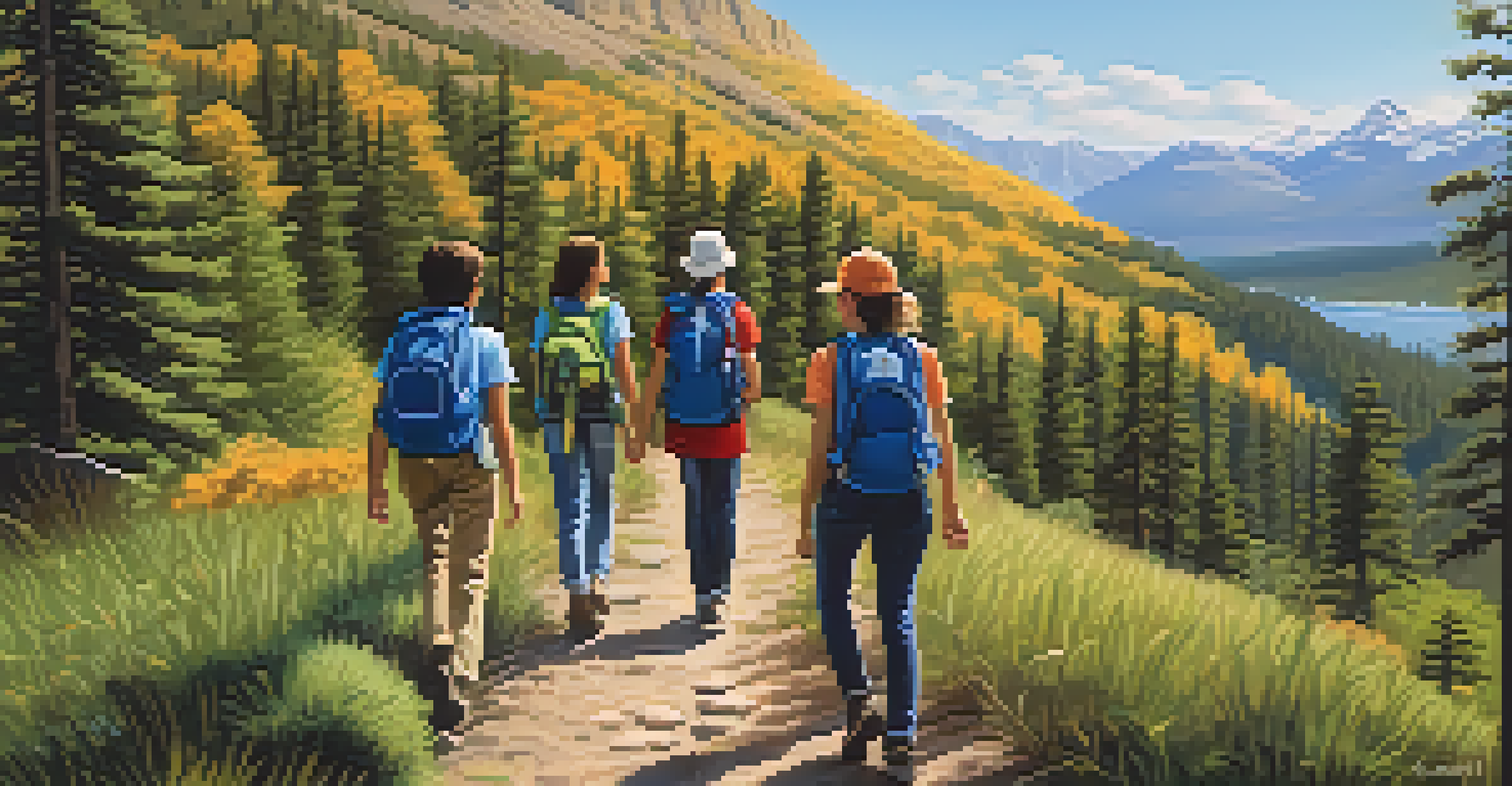 Students on a nature hike led by a teacher, exploring the outdoors with mountains in the background.