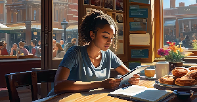 A student studying in a coffee shop with a tablet, surrounded by books and pastries, in a warmly lit environment.