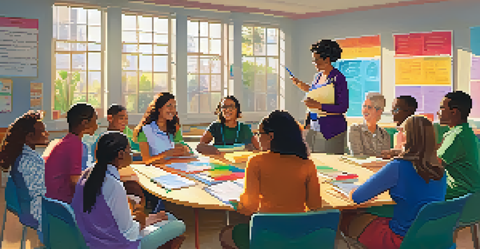 A diverse group of teachers sitting in a circle in a colorful classroom, engaged in a collaborative feedback session with notebooks and pens.