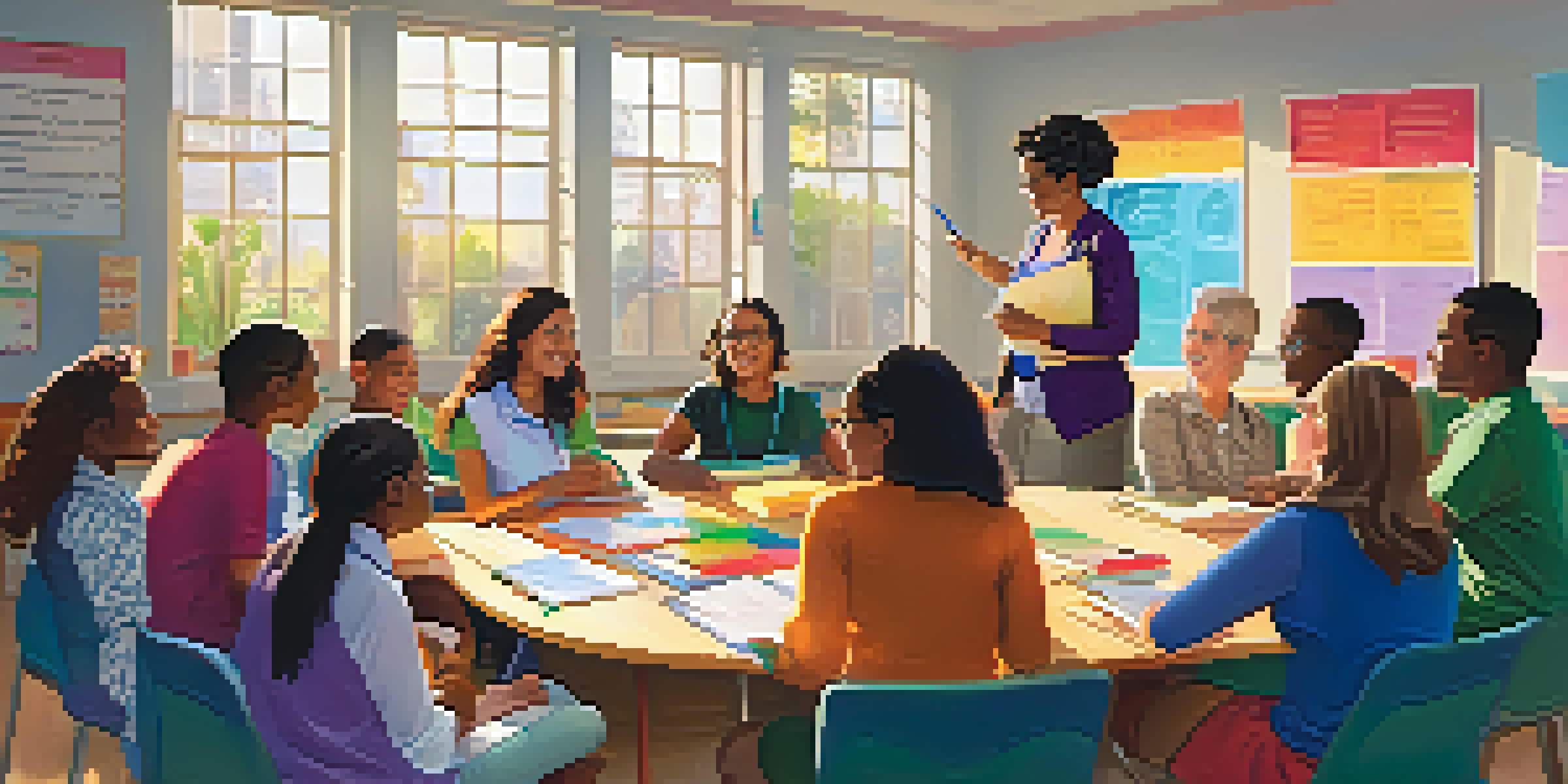 A diverse group of teachers sitting in a circle in a colorful classroom, engaged in a collaborative feedback session with notebooks and pens.