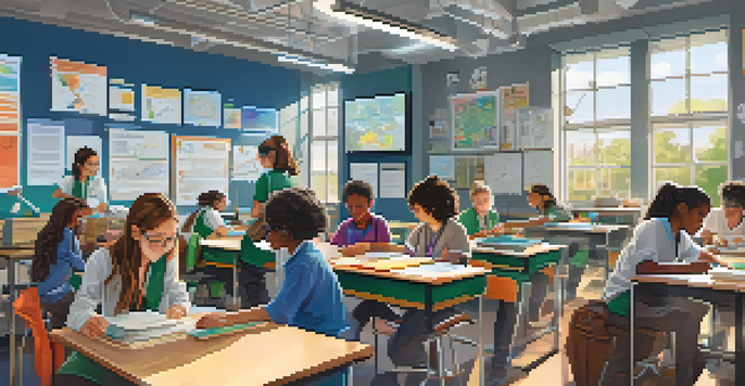 A classroom filled with diverse students working together on a STEM project, surrounded by scientific equipment and educational posters.