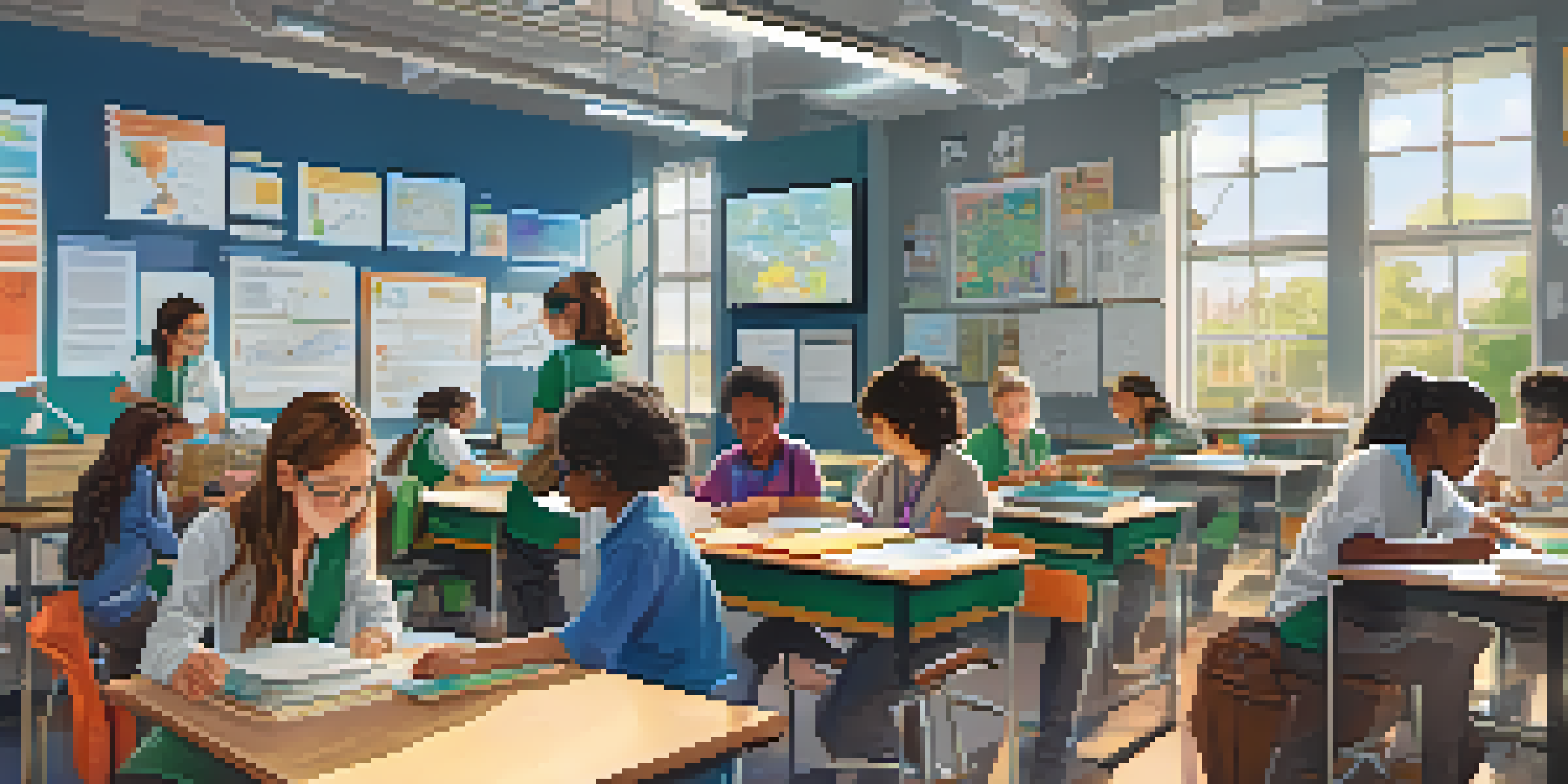 A classroom filled with diverse students working together on a STEM project, surrounded by scientific equipment and educational posters.