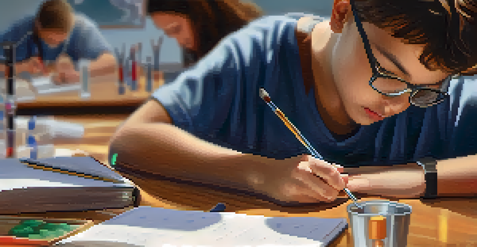 A student closely observing a science experiment with a notebook and tools on the table, showcasing concentration.