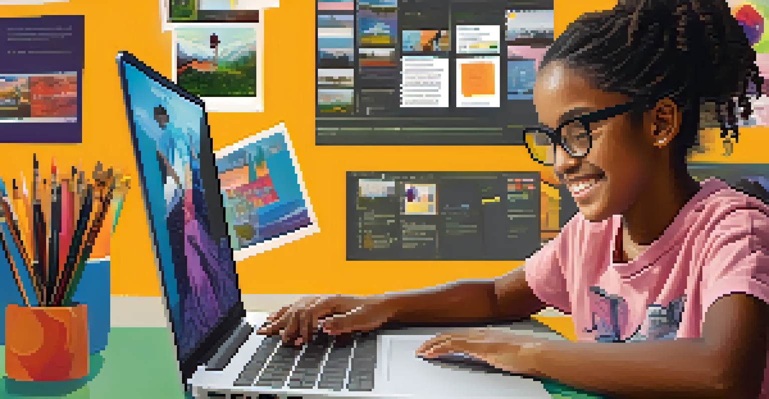A young girl working on a digital storytelling project on her laptop, with a screen showing video editing software and a cozy workspace filled with art supplies.