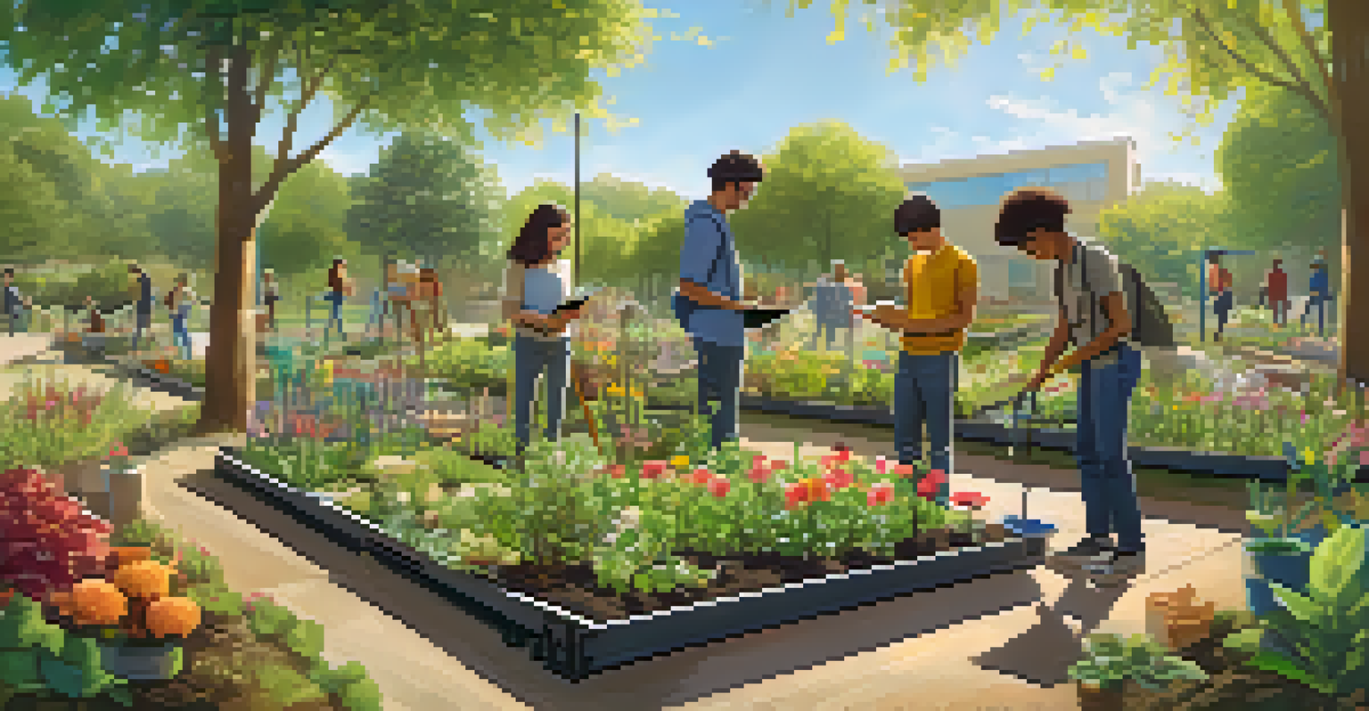 Students working in a community garden, measuring and planning among various plants and a solar panel, set in a sunny park.