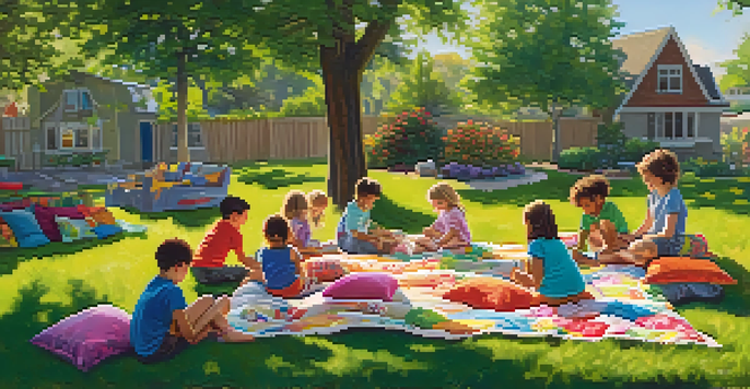 Children playing outside, building a colorful fort with cushions and blankets, surrounded by nature.