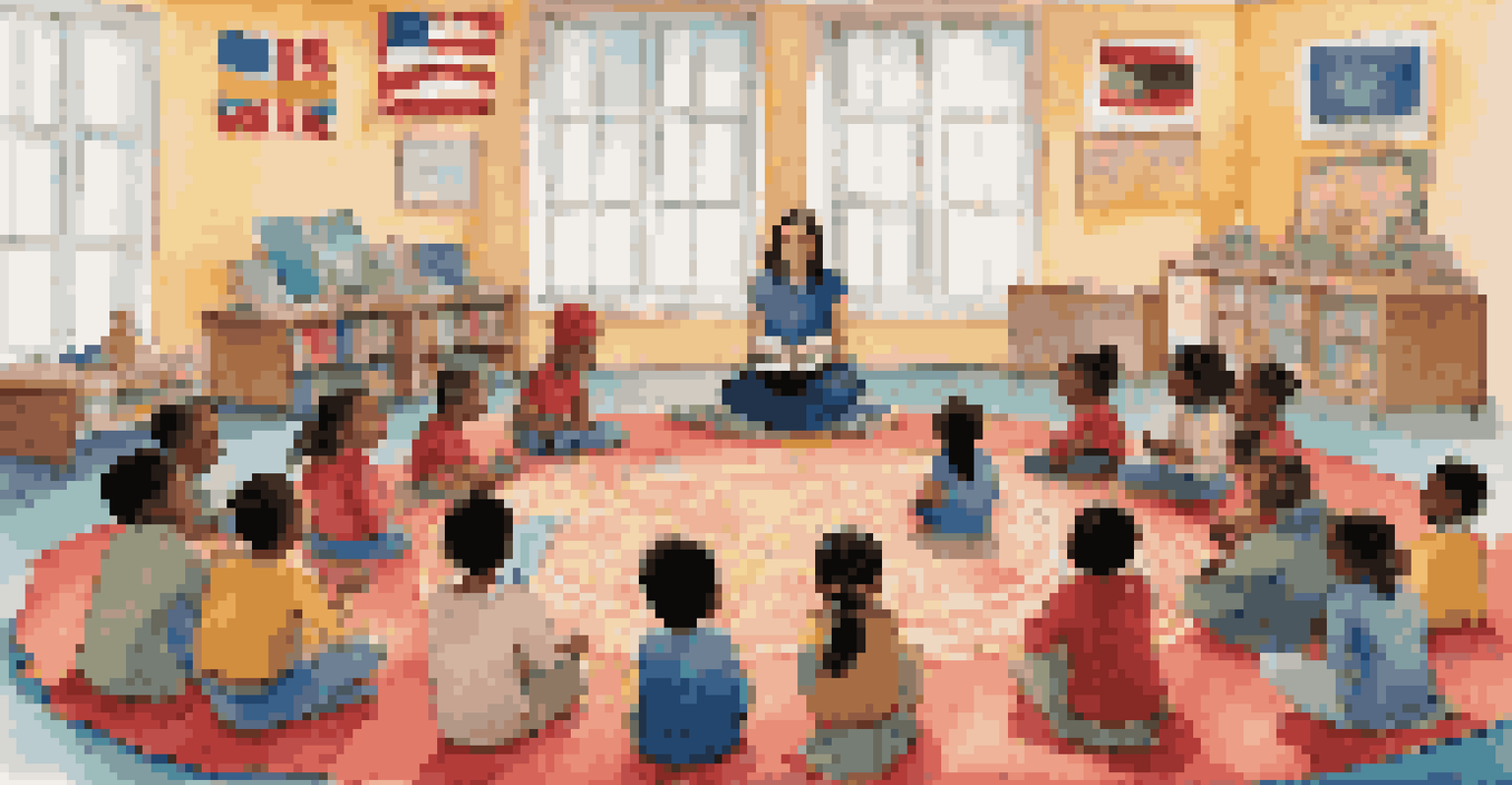 A teacher reading to students seated on a rug, surrounded by flags from different countries and a culturally diverse book.