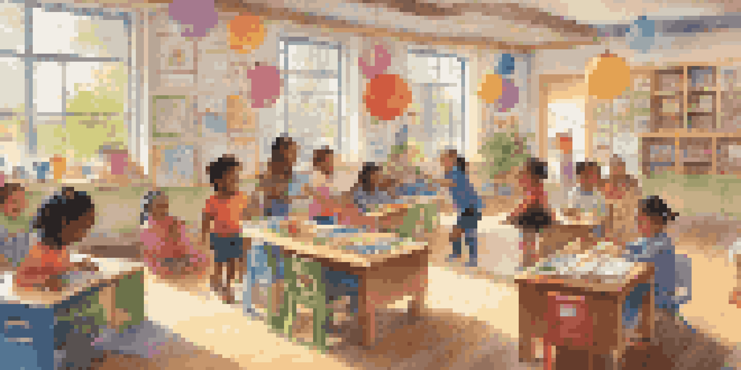 A colorful classroom with children of different backgrounds participating in play-based learning activities such as building blocks and reading books, creating an inclusive and joyful environment.