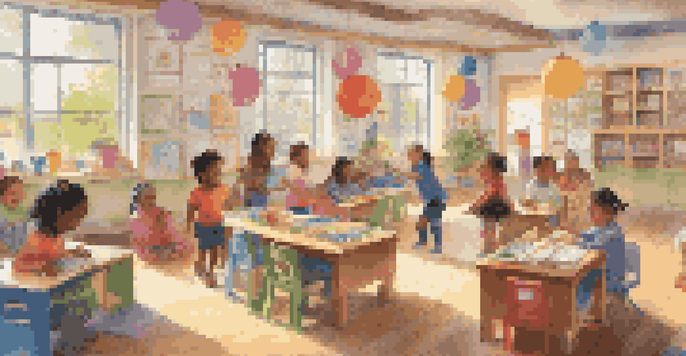 A colorful classroom with children of different backgrounds participating in play-based learning activities such as building blocks and reading books, creating an inclusive and joyful environment.