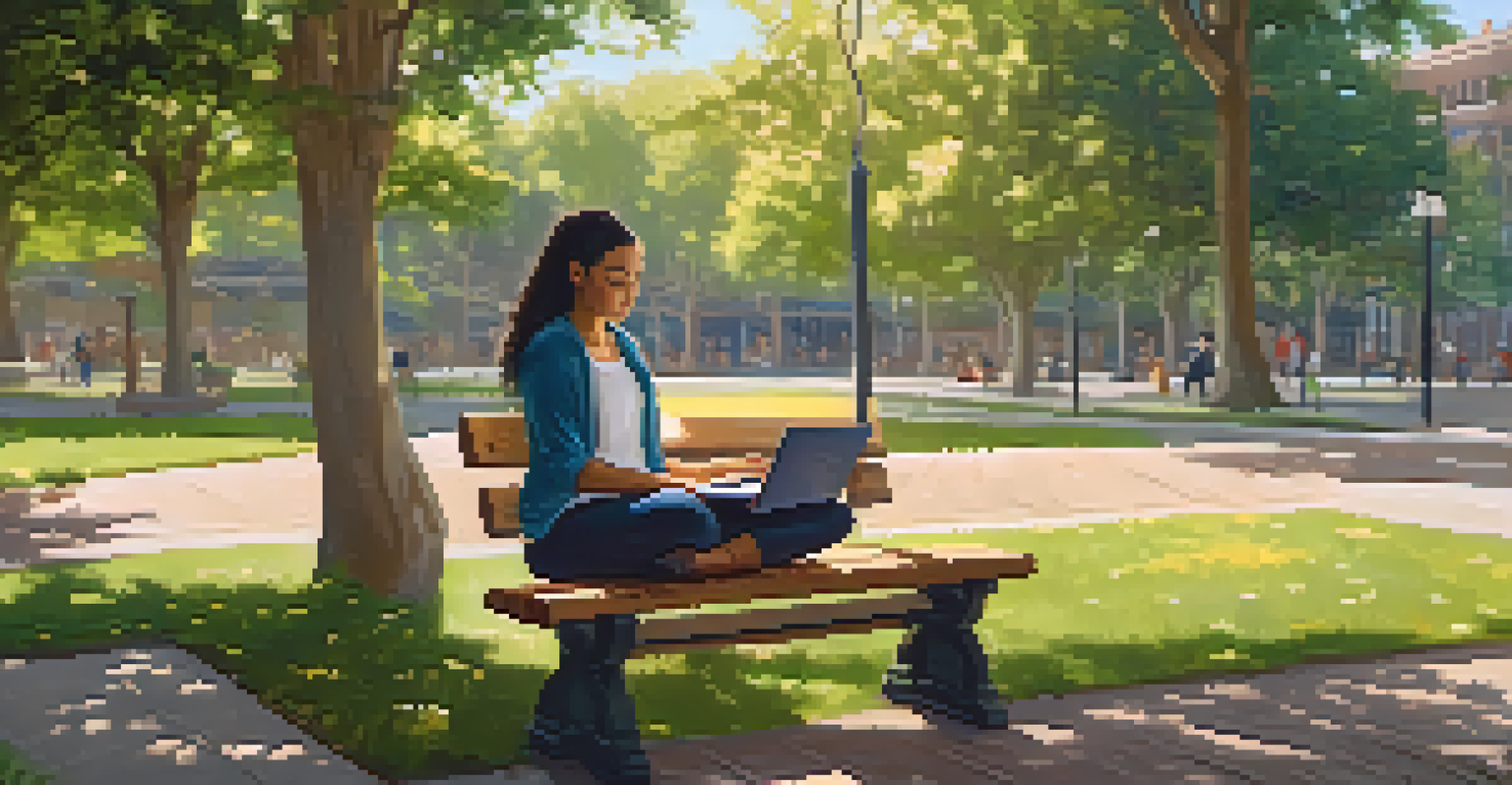 A student sitting on a park bench with a laptop, engaged in an online class surrounded by nature.