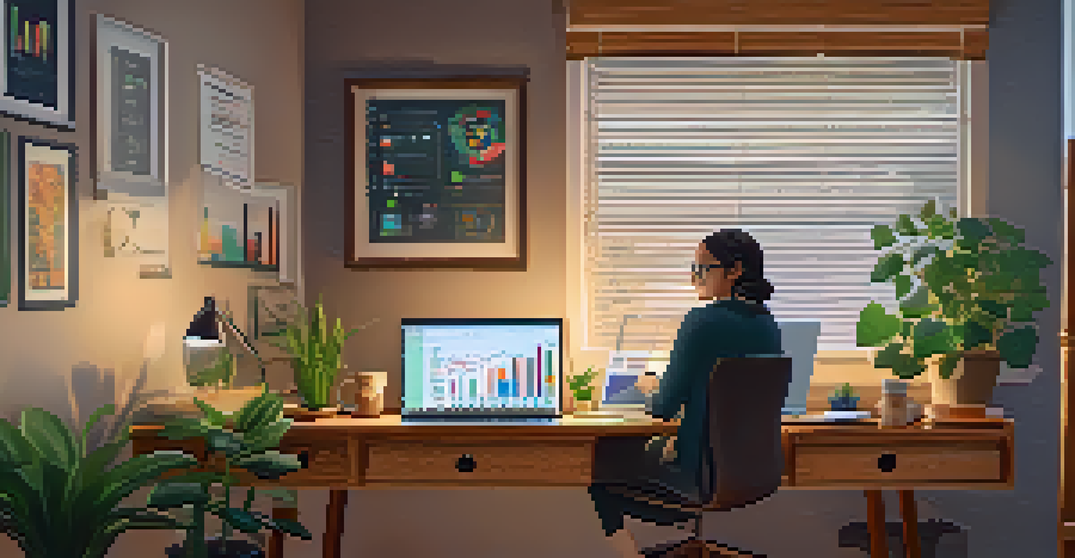 An educator in a home office analyzing student assessment data on a laptop, surrounded by charts and a plant.