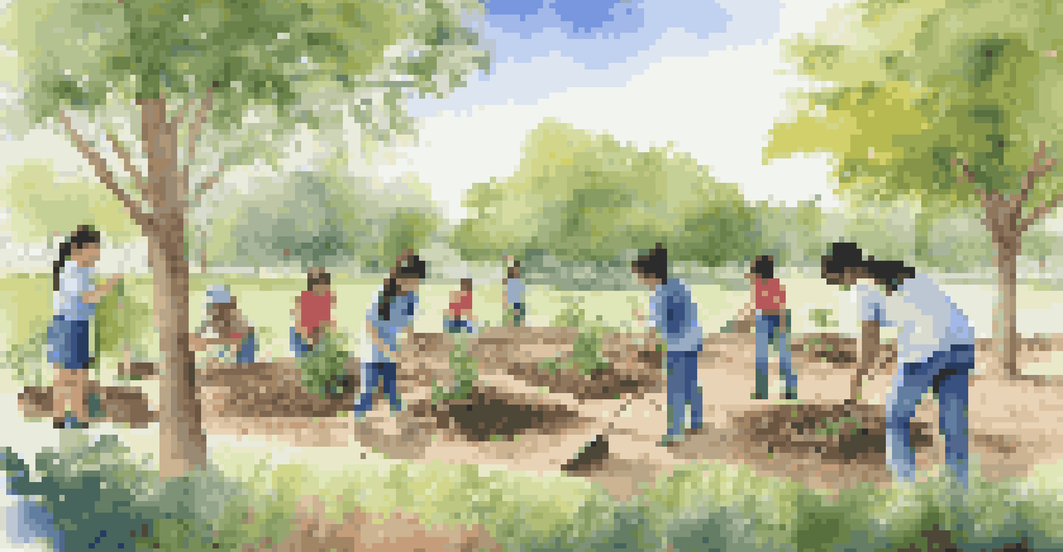 Students planting trees in a community conservation project, surrounded by green trees and a blue sky.