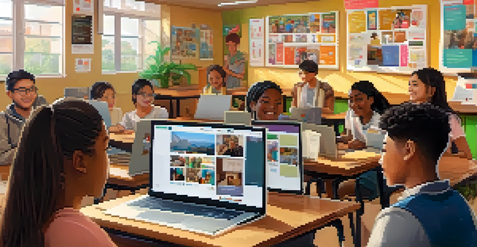 A diverse classroom where students are participating in a virtual exchange, engaging with peers from another country on a large screen.