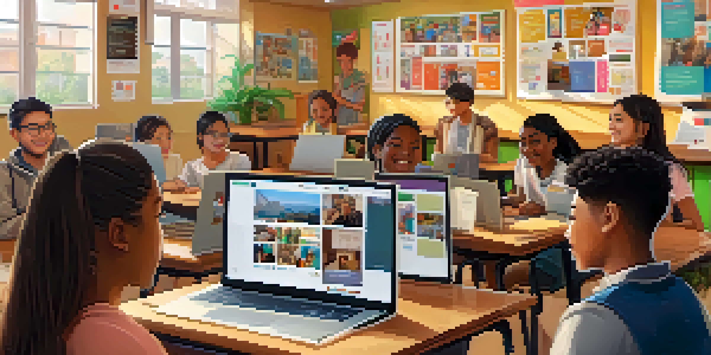 A diverse classroom where students are participating in a virtual exchange, engaging with peers from another country on a large screen.