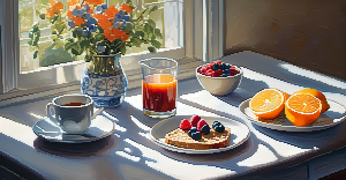 A colorful breakfast spread featuring oatmeal with berries, nuts, whole-grain toast with avocado, and a glass of orange juice, illuminated by morning sunlight.