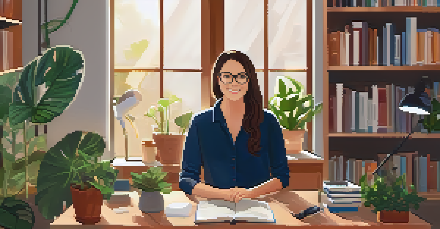 An educator teaching a virtual class from a home office, smiling at students on the screen.